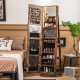 360° rotating jewelry cabinet armoire in brown with LED mirror, large storage, and lockable door for organized.