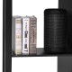 Black wooden corner desk with large drawer and two shelves, ideal for study or home office organization.