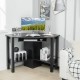 Corner wooden study computer desk in black with large drawer and storage shelves, ideal for maximizing space in home.
