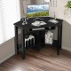 Black wooden corner computer desk with drawer and shelves, perfect for maximizing space in home offices or study areas.