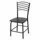 Black dining chair with humanized backrest, sturdy iron frame, and non-skid feet for comfort and floor protection.