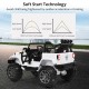Kids remote control riding truck in white with LED lights, featuring soft start technology for safe driving.