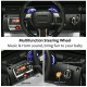 Multifunction steering wheel of a 12V kids remote control truck with music, horn, and control buttons for fun driving.