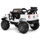 White 12V kids remote control riding truck with LED lights, featuring a soft-start function and spring suspension.