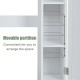 Movable partition detail of a white wooden over the toilet storage cabinet with adjustable shelves for bathroom.