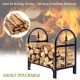 Heavy duty steel firewood storage holder with black powder-coated finish, ideal for outdoor use and ventilation.