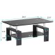 Rectangular coffee table with dimensions 39.4" x 23.5", featuring a glass top, MDF legs, and a shelf for added storage.