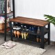 3-tier industrial shoe rack with brown wooden top and metal frame, perfect for hallway storage and shoe organization.