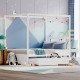 Full size white canopy bed with trundle, solid wood frame, decorated with flags and lights, ideal for kids' bedrooms.