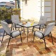 Four stackable patio dining chairs with high-back cushions, featuring a sturdy steel frame, ideal for outdoor.