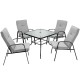 Four stackable patio dining chairs with high-back cushions and a glass table, perfect for outdoor relaxation.