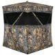 3-person portable tent with vivid camouflage, multiple windows, and easy setup for hunting or outdoor activities.