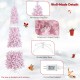 Detailed view of the 7 feet pink pre-lit Christmas tree with hinged design, featuring 300 lights and sturdy metal base.