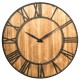 Rustic 27-inch round wall clock with wooden panel and metal Roman numerals, perfect for living room or office decor.