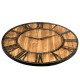 27-inch round wall clock with rustic wooden panel and metal Roman numerals, perfect for living room or office decor.