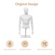 Male half body mannequin with adjustable metal base, made of durable plastic, ideal for displaying shirts and jackets.