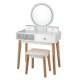 Makeup dressing table in white with round mirror, 4 drawers, and solid beech wood legs, ideal for bedroom or living.