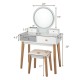 Makeup dressing table with lighted round mirror, 4 drawers, and solid beech wood legs, ideal for bedroom or living room.
