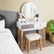 Makeup dressing table in white with round mirror, 4 drawers, and solid beech wood legs, ideal for bedroom decor.