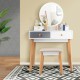Makeup dressing table with round mirror, 4 drawers, and solid beech wood legs, ideal for bedroom or living room use.