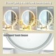 Round lighted mirror with three color modes and touch sensor on a white makeup dressing table with four drawers.