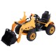 Kids ride-on dumper truck in yellow with working front loader, comfortable seat, and pedal operation for outdoor fun.