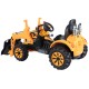 Kids ride-on dumper truck in yellow with working front loader, comfortable seat, and easy-to-operate handle for outdoor.