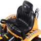 Comfortable black seat with safety belt for the 12 V battery-powered kids ride-on dumper truck, ideal for safe play.