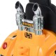 Close-up of the chrome exhaust pipes on the yellow 12V battery-powered kids ride-on dumper truck for imaginative play.