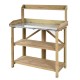 Garden wooden planting bench work station with metal top shelf and two lower shelves for organizing gardening tools.
