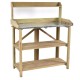 Front view of the Garden Wooden Planting Bench Work Station featuring a sturdy metal top shelf and wooden frame for.