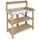 Wooden planting bench work station with metal top shelf and two lower shelves for organizing gardening tools and.