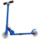 Blue folding aluminum kids kick scooter with LED light-up wheels, featuring a rear fender brake for safe stops.
