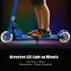 Folding aluminum kids kick scooter in blue with LED light-up wheels, adjustable handlebars, and anti-slip deck for ages.