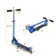 Side view of the blue folding aluminum kids kick scooter, showcasing adjustable handlebars and LED light-up wheels for.