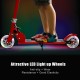 Folding aluminum kids kick scooter in red with LED light-up wheels, featuring adjustable handlebars and anti-slip deck.