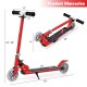 Red folding aluminum kids kick scooter showcasing dimensions, featuring adjustable handlebars and LED light-up wheels.