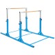 Kids adjustable blue double horizontal bars for gymnastics training, height 38" to 55", stable A3 steel construction.