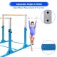 Kids double horizontal bars in blue, adjustable height 38" to 55", designed for gymnastic training and coordination.