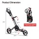 Foldable 3 wheel golf pull push cart trolley with dimensions, featuring adjustable handle and all-terrain 10" rear.