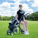 Foldable 3 wheels push pull golf trolley in navy with scoreboard bag, designed for easy transport on the golf course.