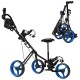 Foldable 3-wheel golf trolley in navy with scoreboard bag, featuring durable construction and easy transport for.