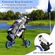 Foldable 3-wheel golf trolley with patented bag brackets, designed for stability and easy transport on the golf course.