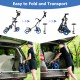 Foldable 3-wheel golf trolley in navy with scoreboard bag, easy to transport and store, ideal for golfers on the go.