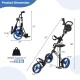 Foldable 3-wheel golf trolley in navy with scoreboard bag, featuring durable wheels and a comfortable handle for easy.