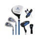 Junior complete golf club set in blue, featuring a 3# fairway wood, 7# & 9# irons, putter, headcover, and stand bag.