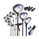 Men’s complete 10-piece golf club set in blue, featuring oversized driver, fairway wood, hybrid, and irons with stand.
