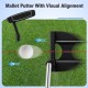 Mallet putter with visual alignment feature, designed for improved accuracy in golf, shown on grass with a golf ball.