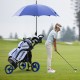 3-wheel folding golf push cart in blue with adjustable handle, seat, and umbrella holder for easy maneuverability on.