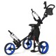 3-wheel folding golf push cart in blue with adjustable handle, seat, and large storage bag for easy maneuverability.